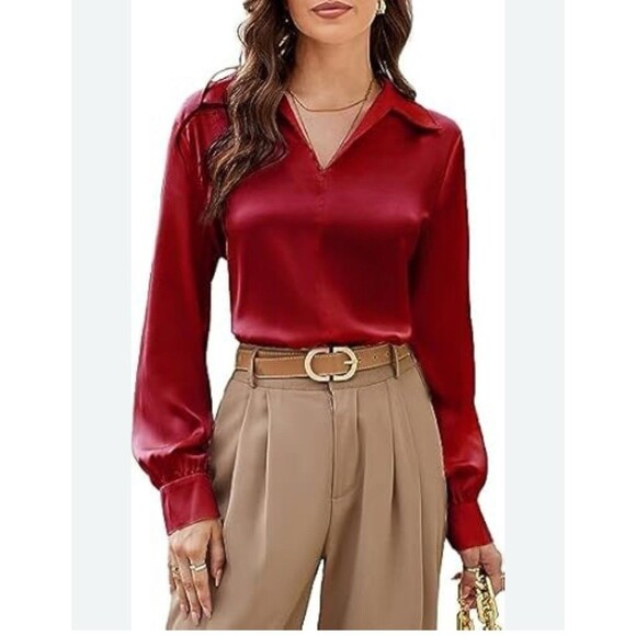GRACE KARIN Satin Blouse Wide Lapel V Neck Long Sleeve NWT red XL classic office - Picture 2 of 12